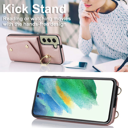 For Samsung Galaxy S21 FE 5G Zipper Wallet Crossbody Phone Case PU Leather Coated TPU Kickstand Cover