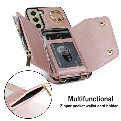 For Samsung Galaxy S21 FE 5G Zipper Wallet Crossbody Phone Case PU Leather Coated TPU Kickstand Cover