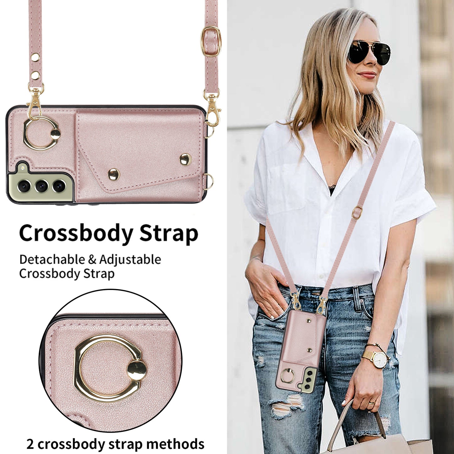 For Samsung Galaxy S21 FE 5G Zipper Wallet Crossbody Phone Case PU Leather Coated TPU Kickstand Cover