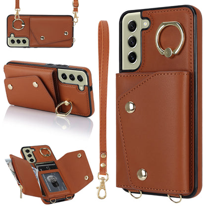 For Samsung Galaxy S21 FE 5G Zipper Wallet Crossbody Phone Case PU Leather Coated TPU Kickstand Cover
