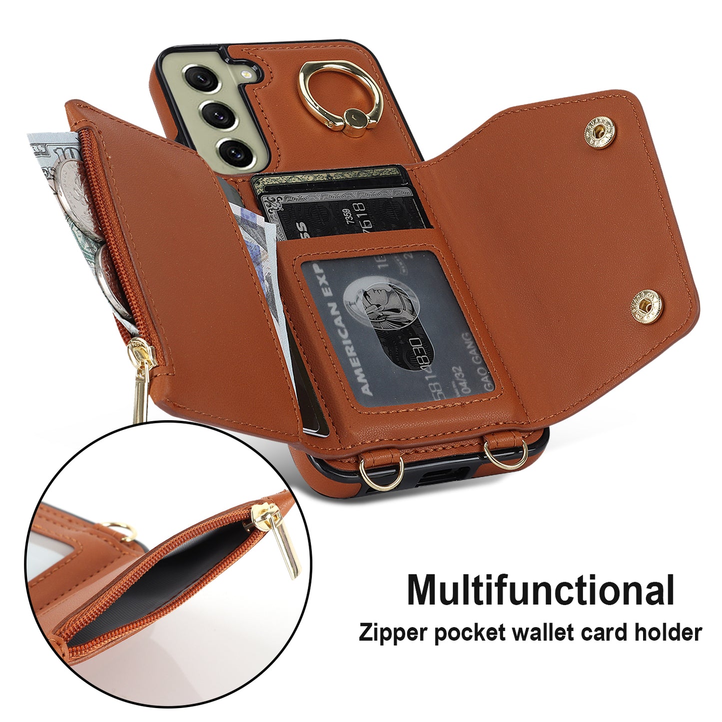 For Samsung Galaxy S21 FE 5G Zipper Wallet Crossbody Phone Case PU Leather Coated TPU Kickstand Cover