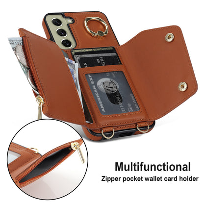 For Samsung Galaxy S21 FE 5G Zipper Wallet Crossbody Phone Case PU Leather Coated TPU Kickstand Cover