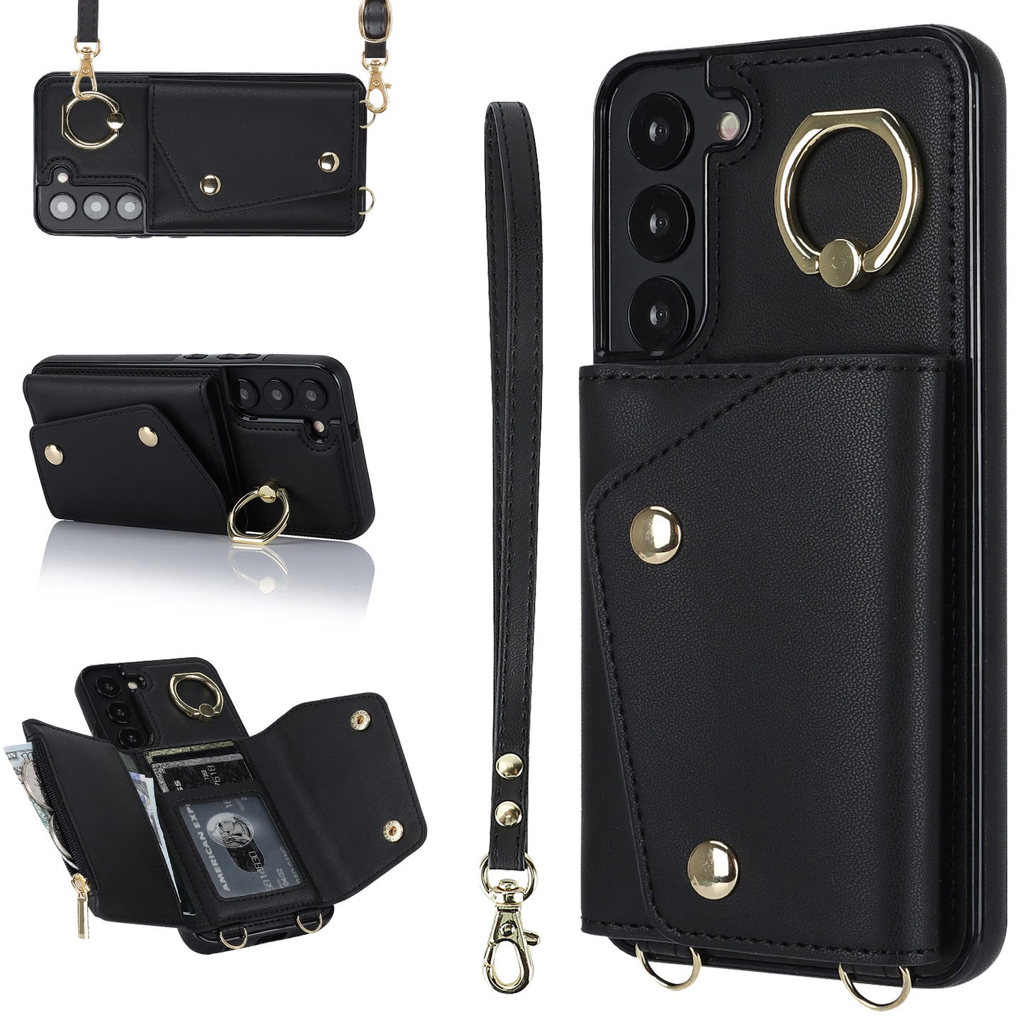 Zipper Wallet Phone Case for Samsung Galaxy S22+ 5G PU Leather Coated TPU Ring Kickstand Phone Cover