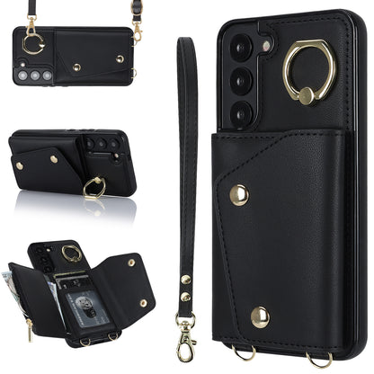 Zipper Wallet Phone Case for Samsung Galaxy S22+ 5G PU Leather Coated TPU Ring Kickstand Phone Cover