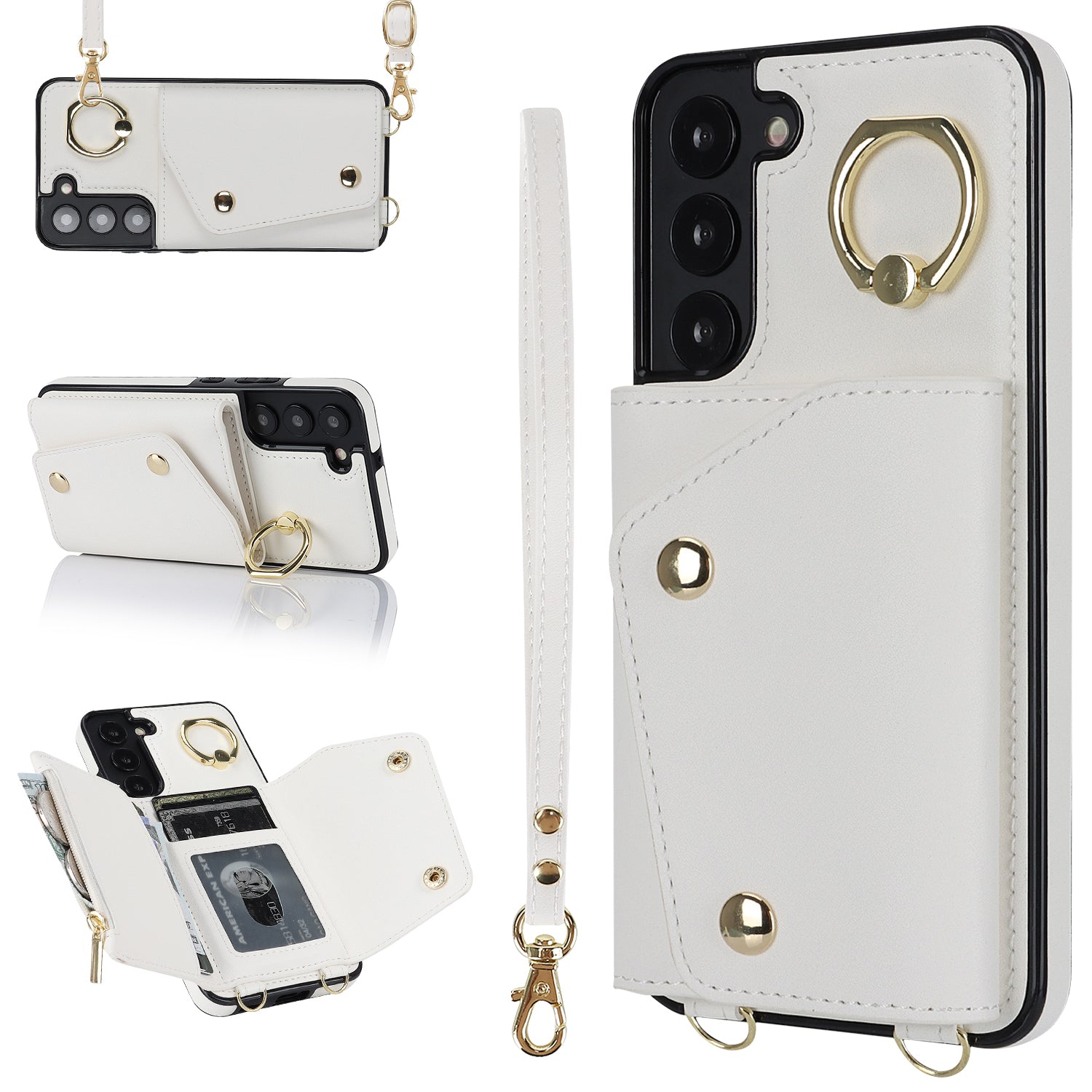 Zipper Wallet Phone Case for Samsung Galaxy S22+ 5G PU Leather Coated TPU Ring Kickstand Phone Cover