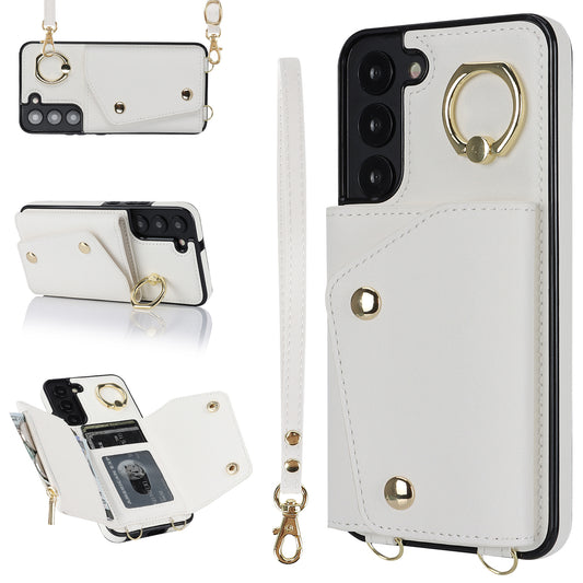 Zipper Wallet Phone Case for Samsung Galaxy S22+ 5G PU Leather Coated TPU Ring Kickstand Phone Cover