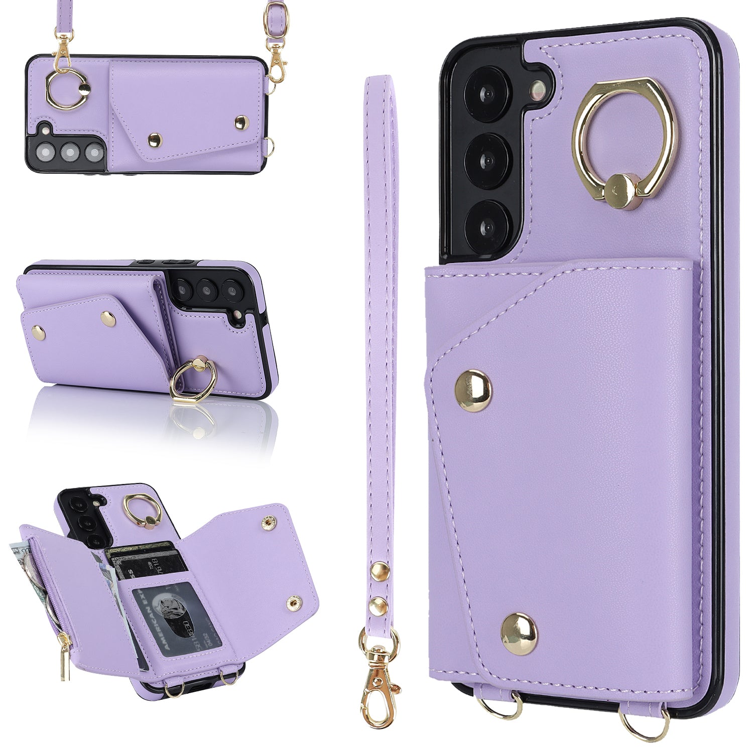 Zipper Wallet Phone Case for Samsung Galaxy S22+ 5G PU Leather Coated TPU Ring Kickstand Phone Cover