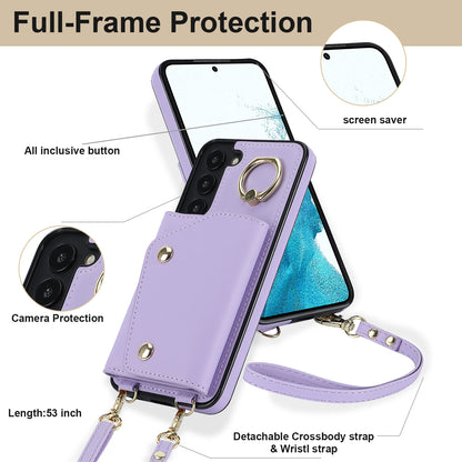 Zipper Wallet Phone Case for Samsung Galaxy S22+ 5G PU Leather Coated TPU Ring Kickstand Phone Cover