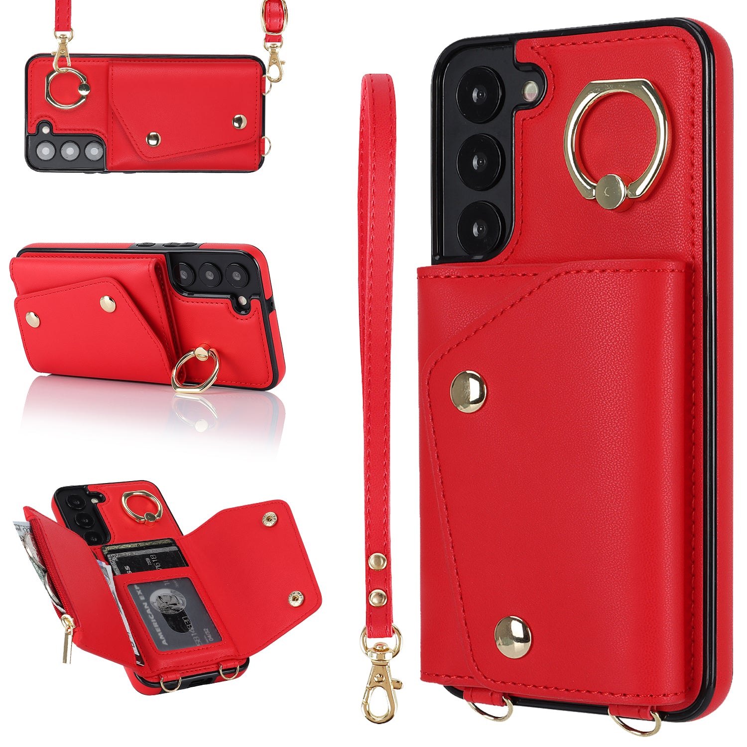Zipper Wallet Phone Case for Samsung Galaxy S22+ 5G PU Leather Coated TPU Ring Kickstand Phone Cover