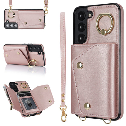 Zipper Wallet Phone Case for Samsung Galaxy S22+ 5G PU Leather Coated TPU Ring Kickstand Phone Cover