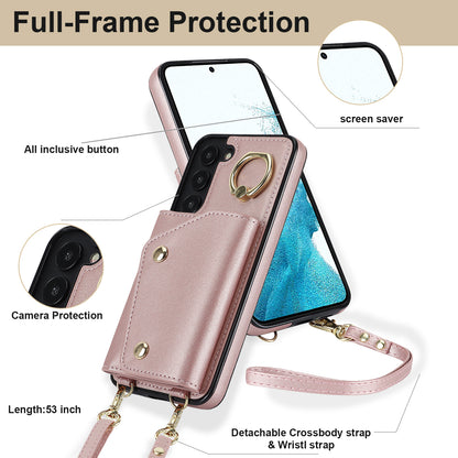 Zipper Wallet Phone Case for Samsung Galaxy S22+ 5G PU Leather Coated TPU Ring Kickstand Phone Cover