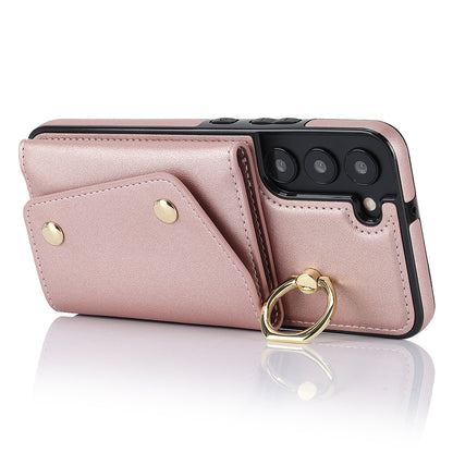 Zipper Wallet Phone Case for Samsung Galaxy S22+ 5G PU Leather Coated TPU Ring Kickstand Phone Cover