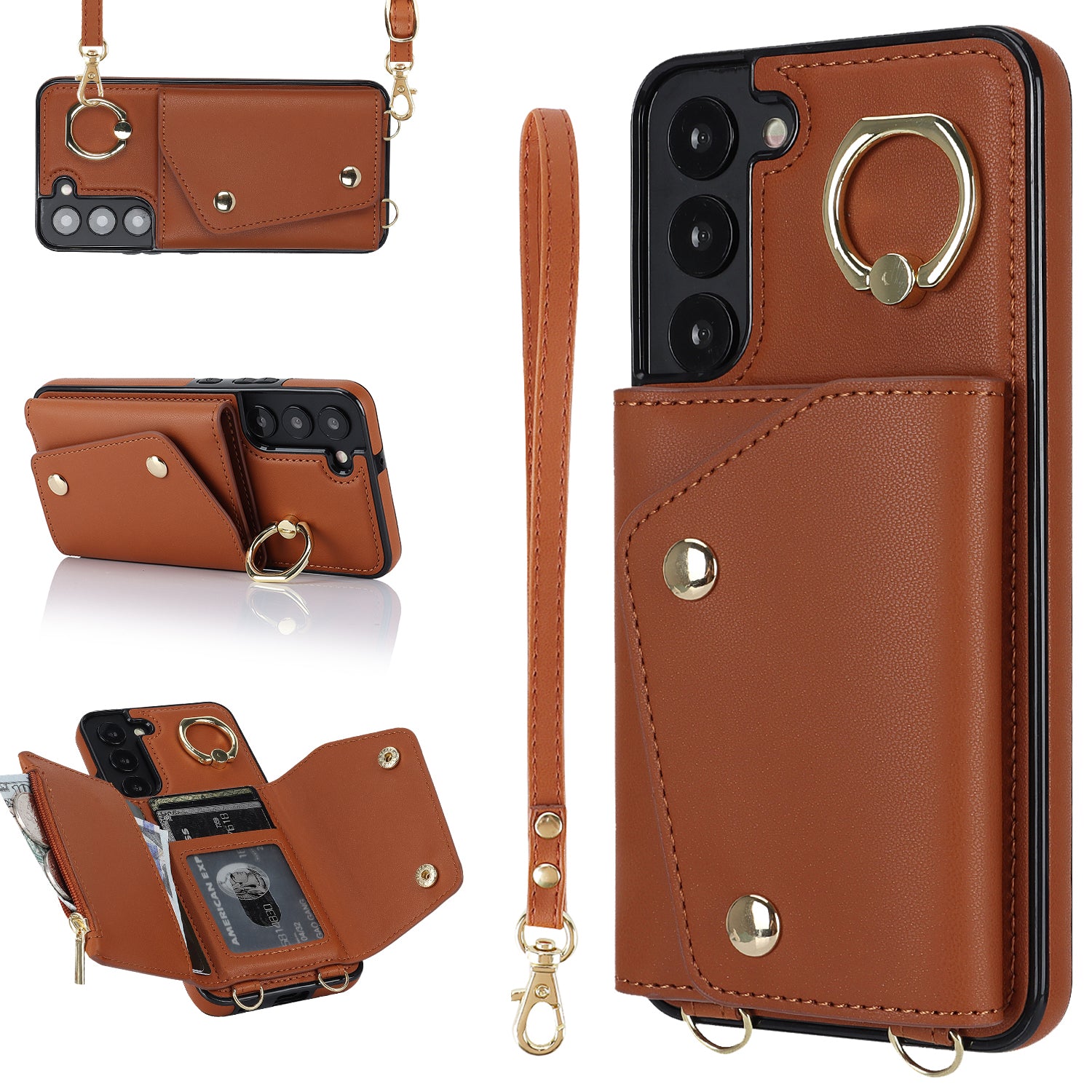Zipper Wallet Phone Case for Samsung Galaxy S22+ 5G PU Leather Coated TPU Ring Kickstand Phone Cover