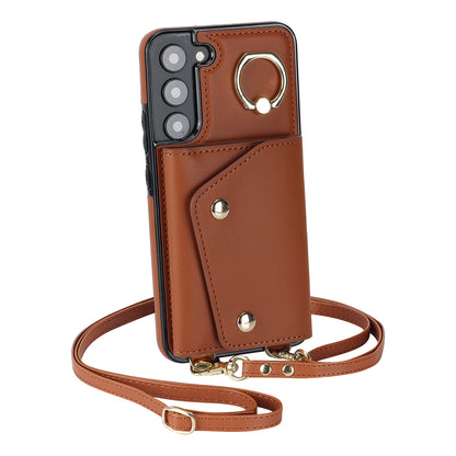 Zipper Wallet Phone Case for Samsung Galaxy S22+ 5G PU Leather Coated TPU Ring Kickstand Phone Cover