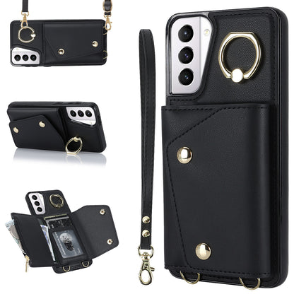 For Samsung Galaxy S21 4G / 5G Kickstand Case Zipper Wallet PU Leather Coated TPU Crossbody Phone Cover