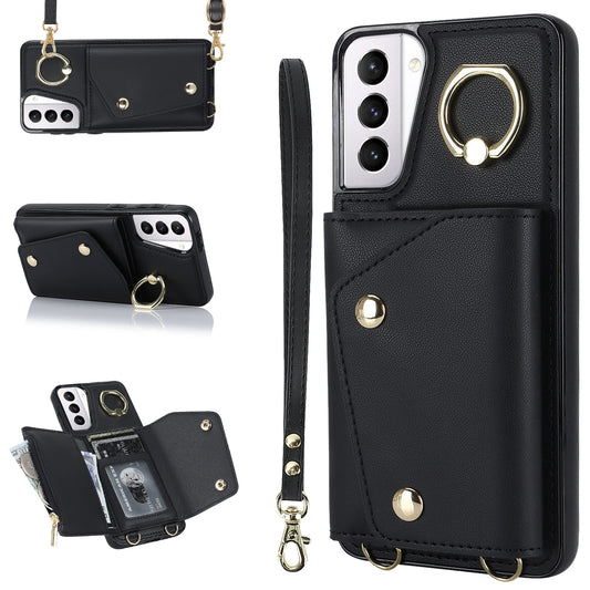 For Samsung Galaxy S21 4G / 5G Kickstand Case Zipper Wallet PU Leather Coated TPU Crossbody Phone Cover