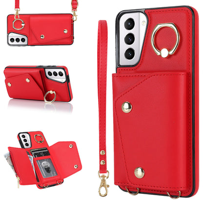 For Samsung Galaxy S21 4G / 5G Kickstand Case Zipper Wallet PU Leather Coated TPU Crossbody Phone Cover