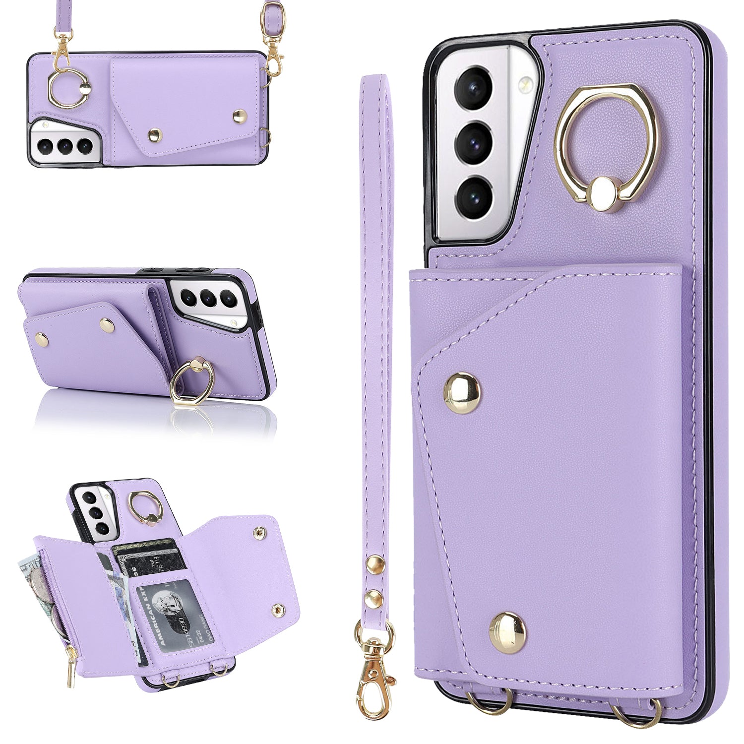 For Samsung Galaxy S21 4G / 5G Kickstand Case Zipper Wallet PU Leather Coated TPU Crossbody Phone Cover
