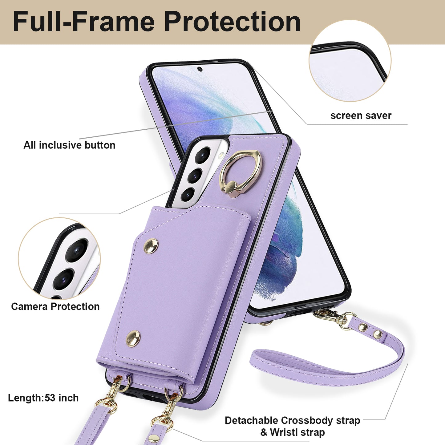 For Samsung Galaxy S21 4G / 5G Kickstand Case Zipper Wallet PU Leather Coated TPU Crossbody Phone Cover