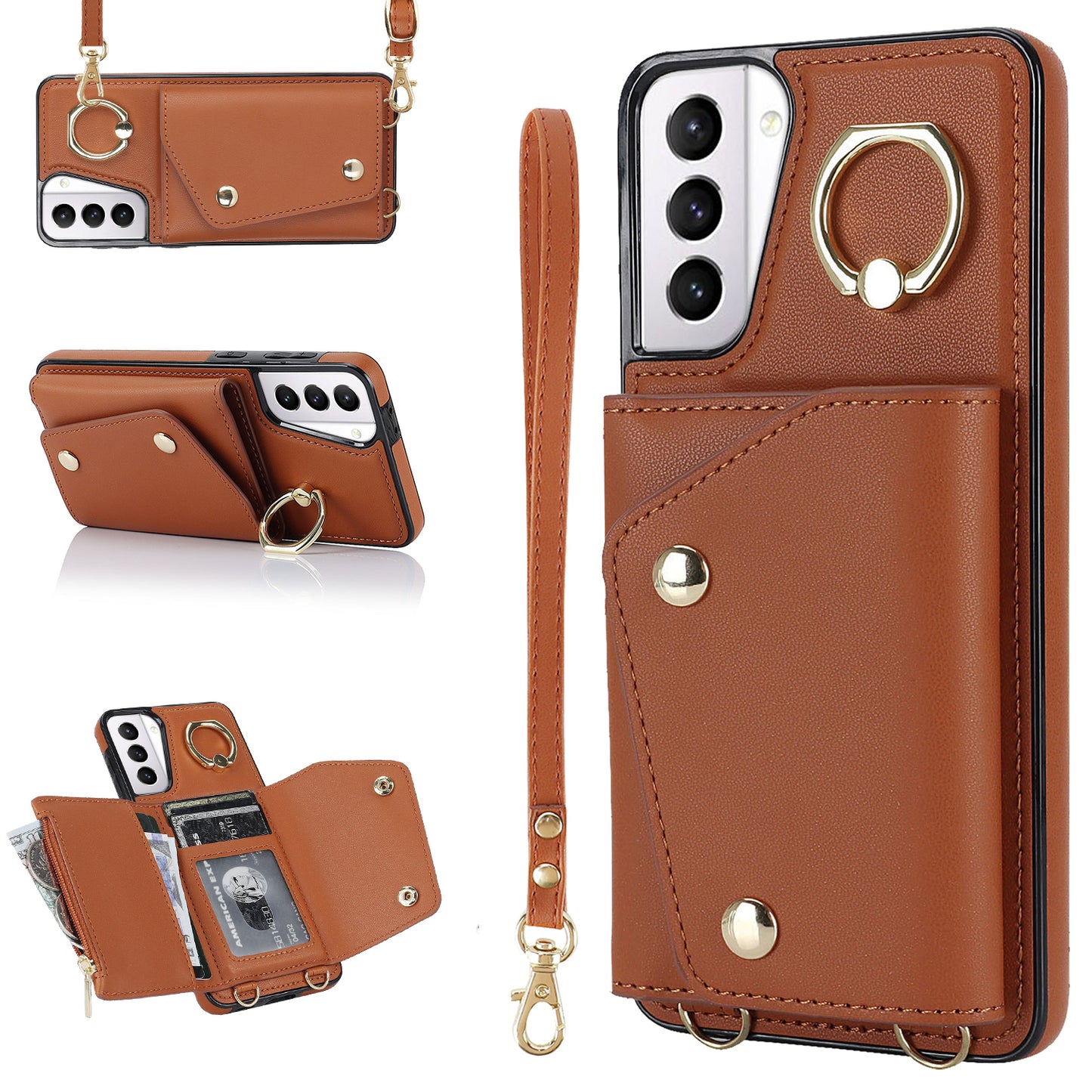 For Samsung Galaxy S21 4G / 5G Kickstand Case Zipper Wallet PU Leather Coated TPU Crossbody Phone Cover