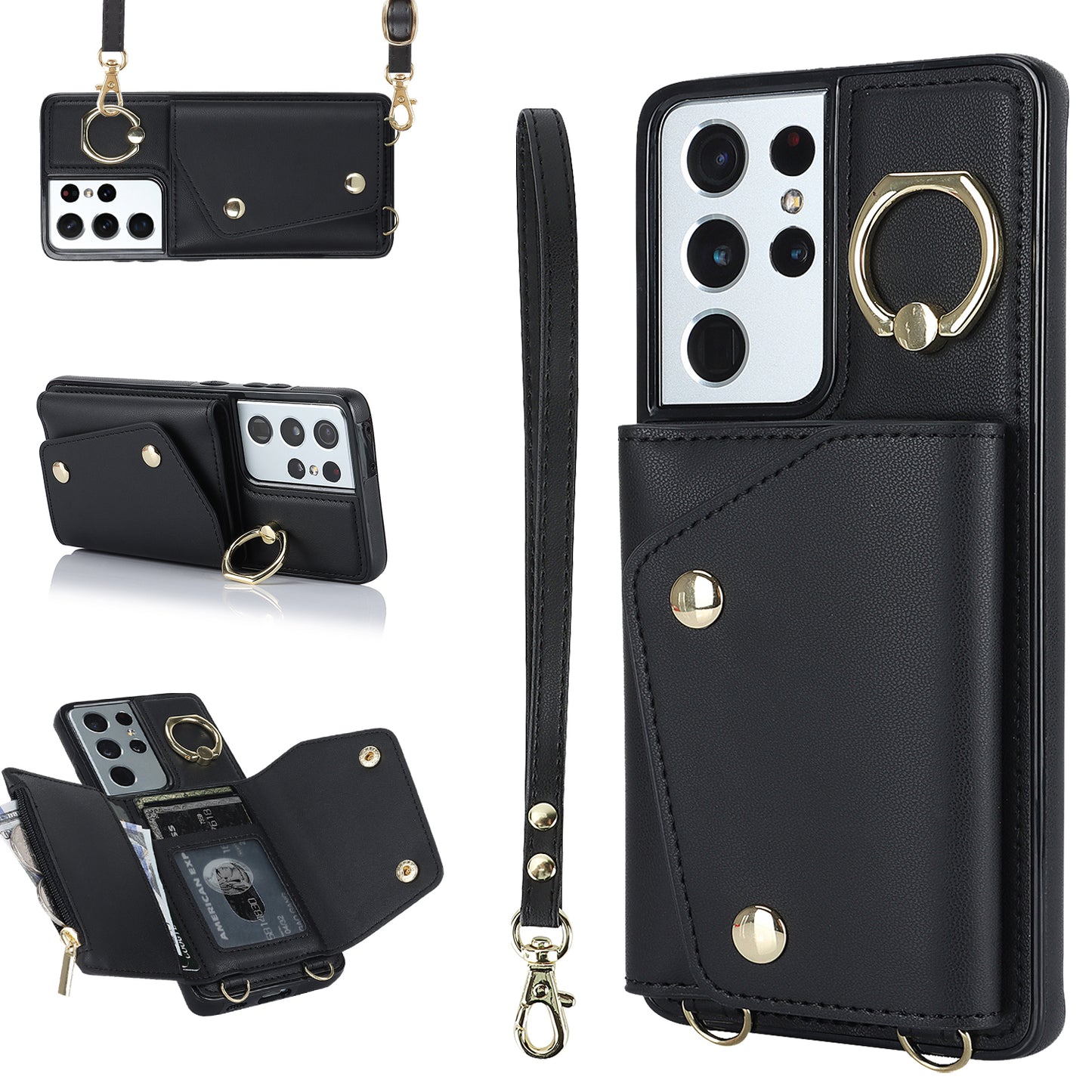 For Samsung Galaxy S21 Ultra 5G Crossbody Phone Case with Zipper Wallet Kickstand, PU Leather Coated TPU Cover