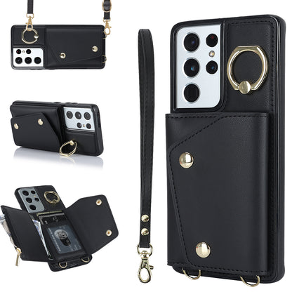 For Samsung Galaxy S21 Ultra 5G Crossbody Phone Case with Zipper Wallet Kickstand, PU Leather Coated TPU Cover