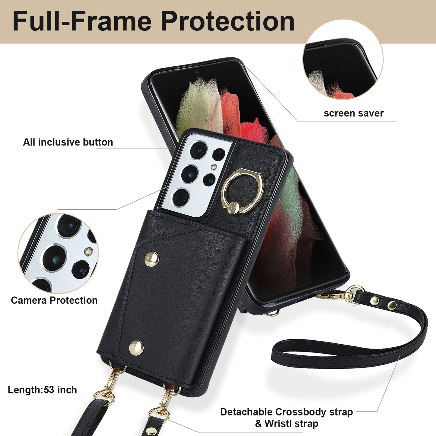 For Samsung Galaxy S21 Ultra 5G Crossbody Phone Case with Zipper Wallet Kickstand, PU Leather Coated TPU Cover