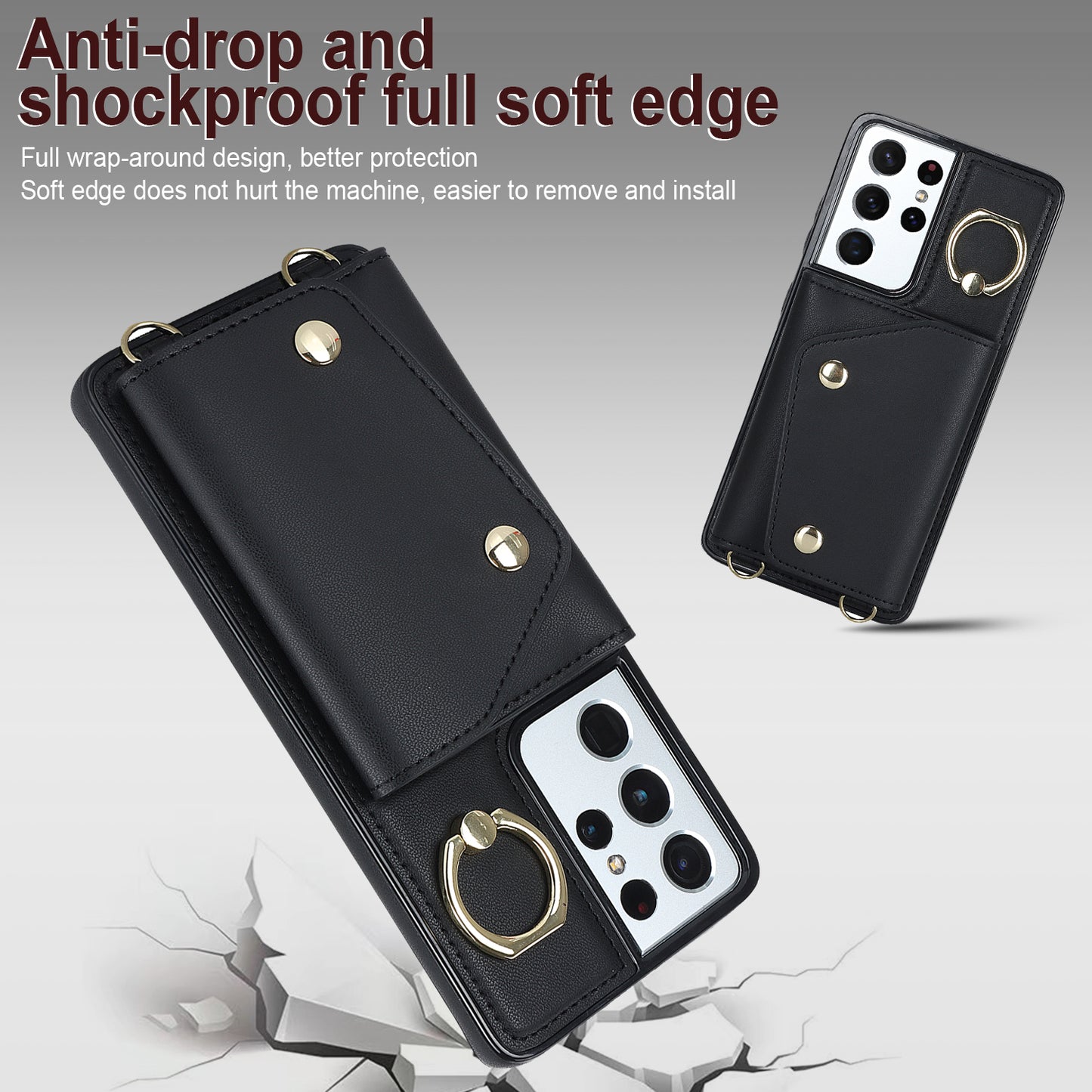 For Samsung Galaxy S21 Ultra 5G Crossbody Phone Case with Zipper Wallet Kickstand, PU Leather Coated TPU Cover