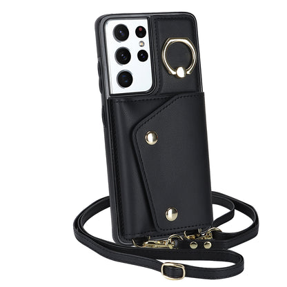 For Samsung Galaxy S21 Ultra 5G Crossbody Phone Case with Zipper Wallet Kickstand, PU Leather Coated TPU Cover