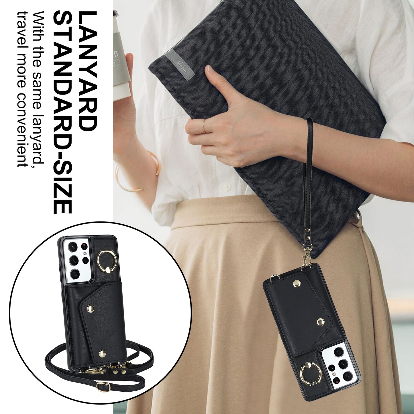 For Samsung Galaxy S21 Ultra 5G Crossbody Phone Case with Zipper Wallet Kickstand, PU Leather Coated TPU Cover