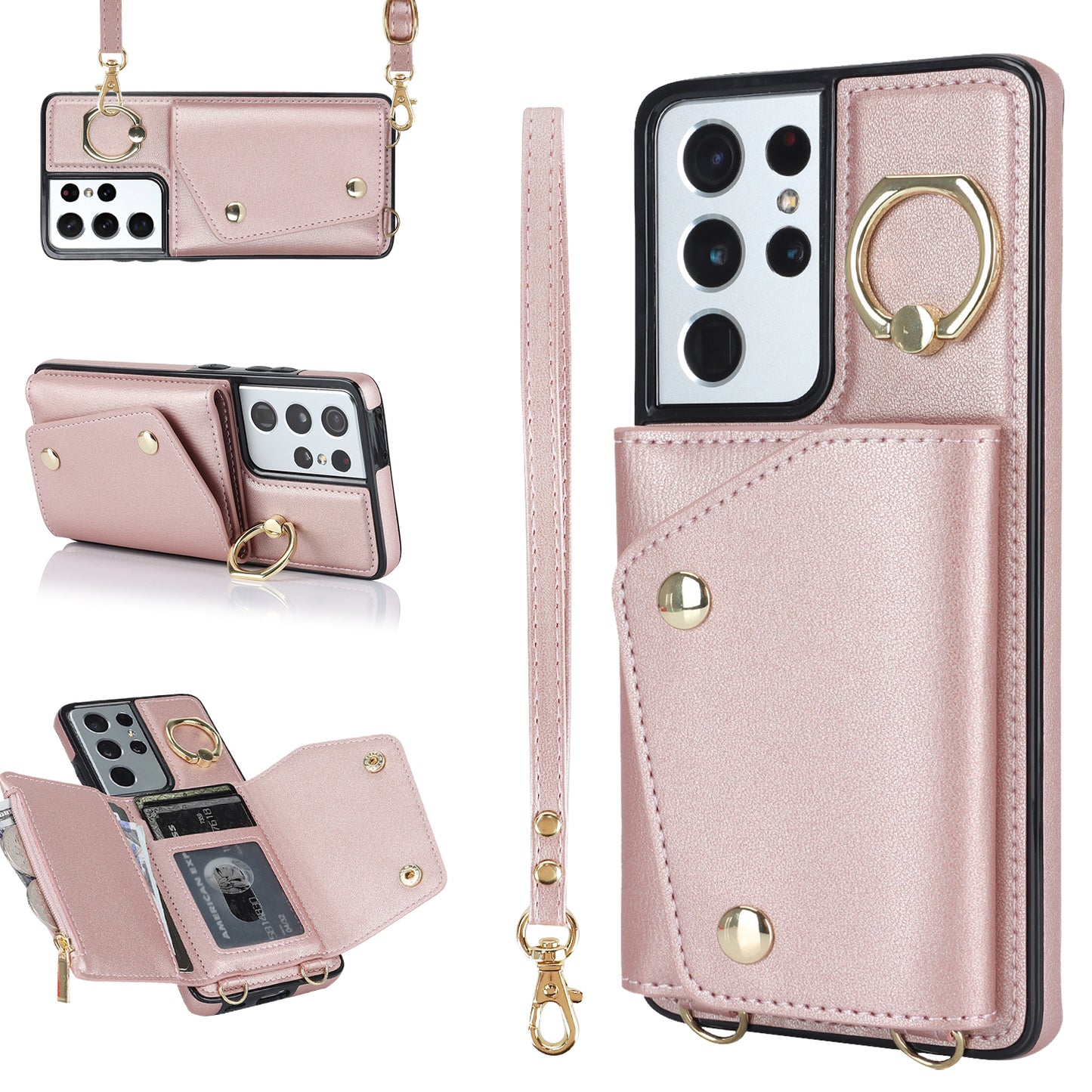 For Samsung Galaxy S21 Ultra 5G Crossbody Phone Case with Zipper Wallet Kickstand, PU Leather Coated TPU Cover