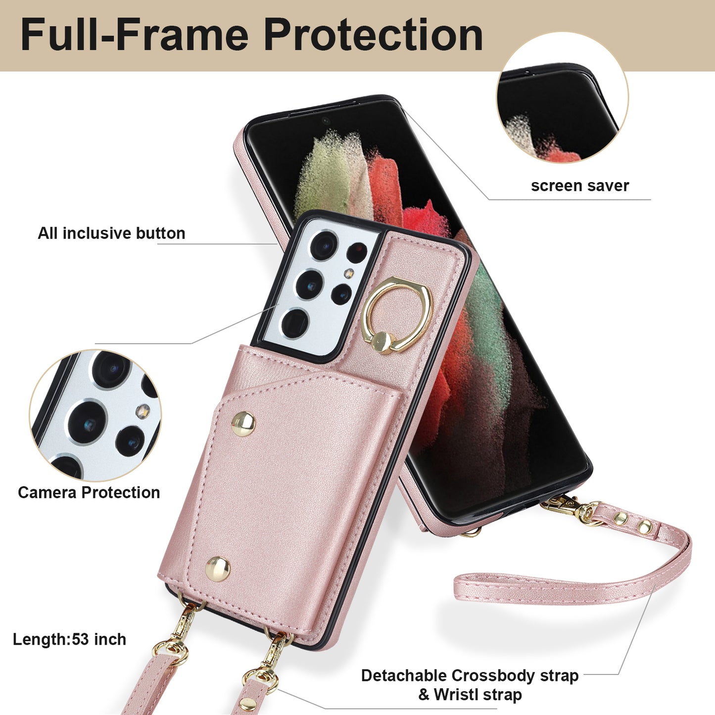 For Samsung Galaxy S21 Ultra 5G Crossbody Phone Case with Zipper Wallet Kickstand, PU Leather Coated TPU Cover