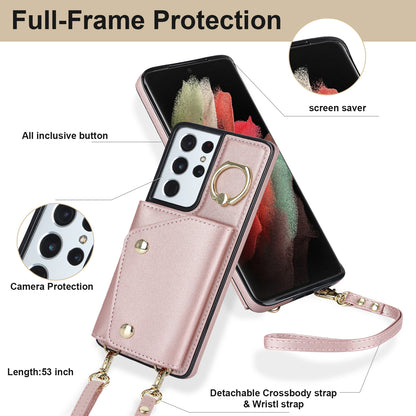 For Samsung Galaxy S21 Ultra 5G Crossbody Phone Case with Zipper Wallet Kickstand, PU Leather Coated TPU Cover