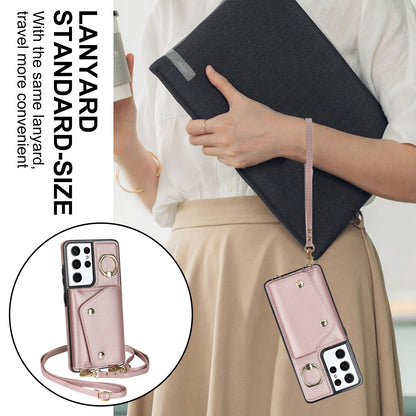 For Samsung Galaxy S21 Ultra 5G Crossbody Phone Case with Zipper Wallet Kickstand, PU Leather Coated TPU Cover