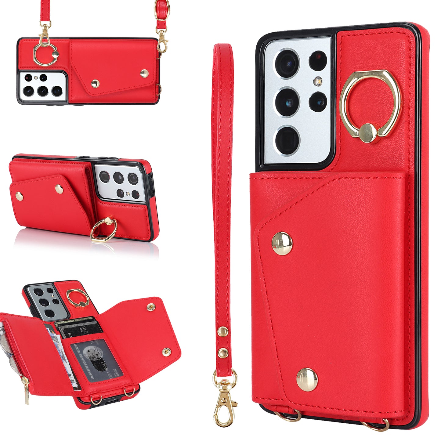 For Samsung Galaxy S21 Ultra 5G Crossbody Phone Case with Zipper Wallet Kickstand, PU Leather Coated TPU Cover