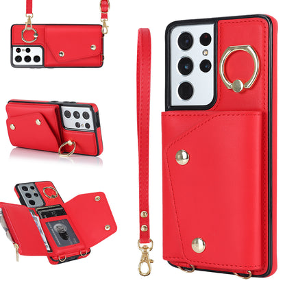 For Samsung Galaxy S21 Ultra 5G Crossbody Phone Case with Zipper Wallet Kickstand, PU Leather Coated TPU Cover