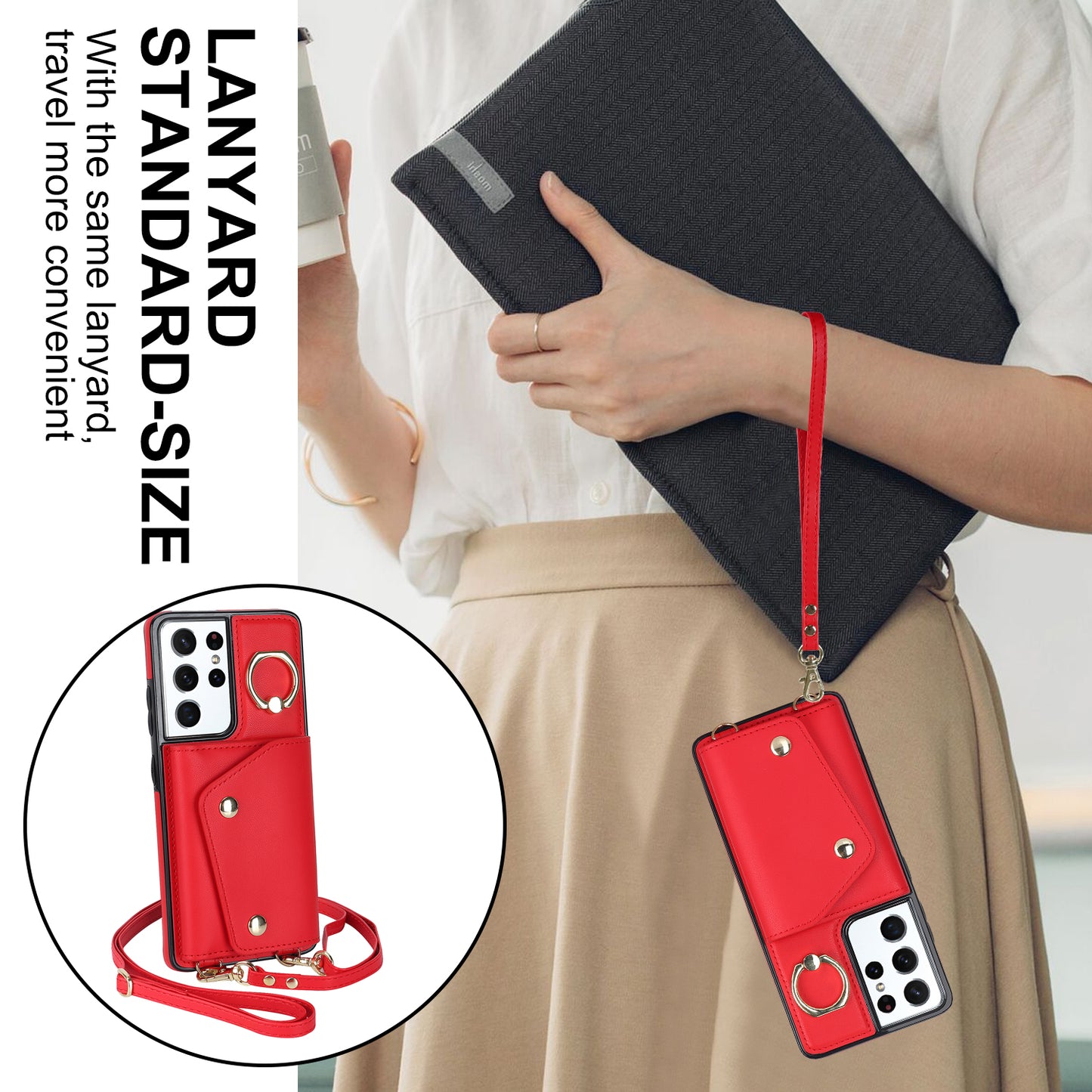 For Samsung Galaxy S21 Ultra 5G Crossbody Phone Case with Zipper Wallet Kickstand, PU Leather Coated TPU Cover