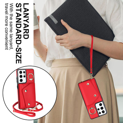 For Samsung Galaxy S21 Ultra 5G Crossbody Phone Case with Zipper Wallet Kickstand, PU Leather Coated TPU Cover