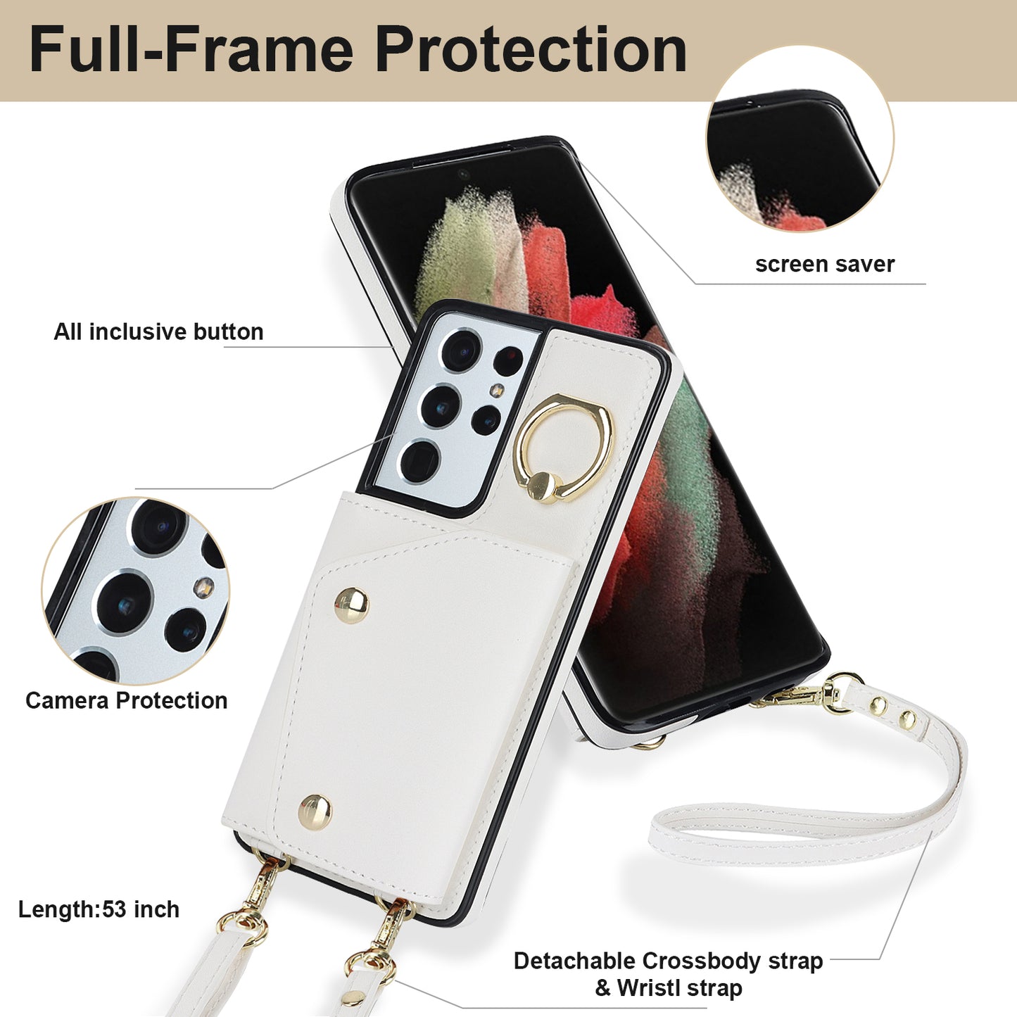 For Samsung Galaxy S21 Ultra 5G Crossbody Phone Case with Zipper Wallet Kickstand, PU Leather Coated TPU Cover