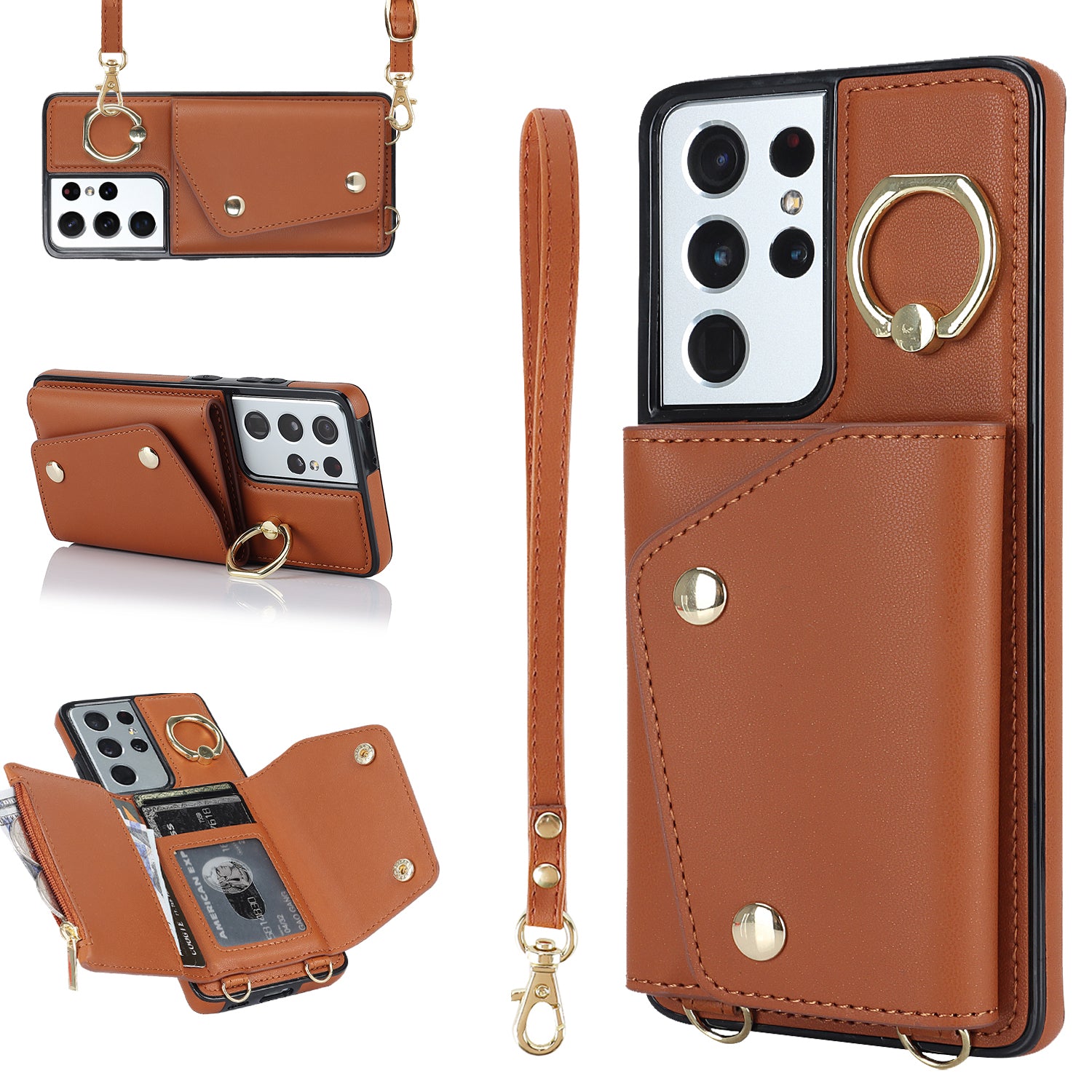 For Samsung Galaxy S21 Ultra 5G Crossbody Phone Case with Zipper Wallet Kickstand, PU Leather Coated TPU Cover