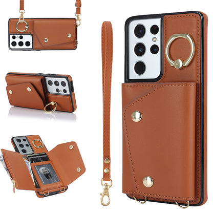 For Samsung Galaxy S21 Ultra 5G Crossbody Phone Case with Zipper Wallet Kickstand, PU Leather Coated TPU Cover