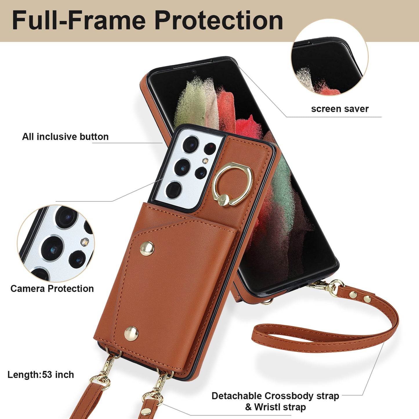 For Samsung Galaxy S21 Ultra 5G Crossbody Phone Case with Zipper Wallet Kickstand, PU Leather Coated TPU Cover