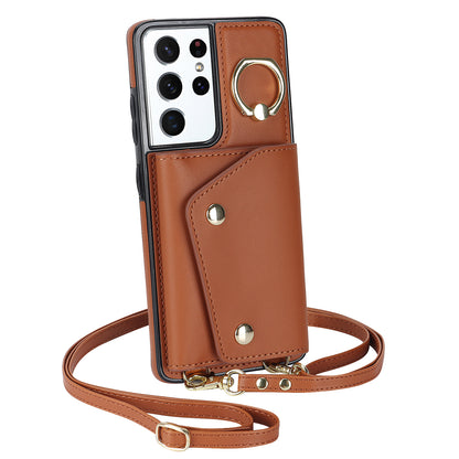 For Samsung Galaxy S21 Ultra 5G Crossbody Phone Case with Zipper Wallet Kickstand, PU Leather Coated TPU Cover