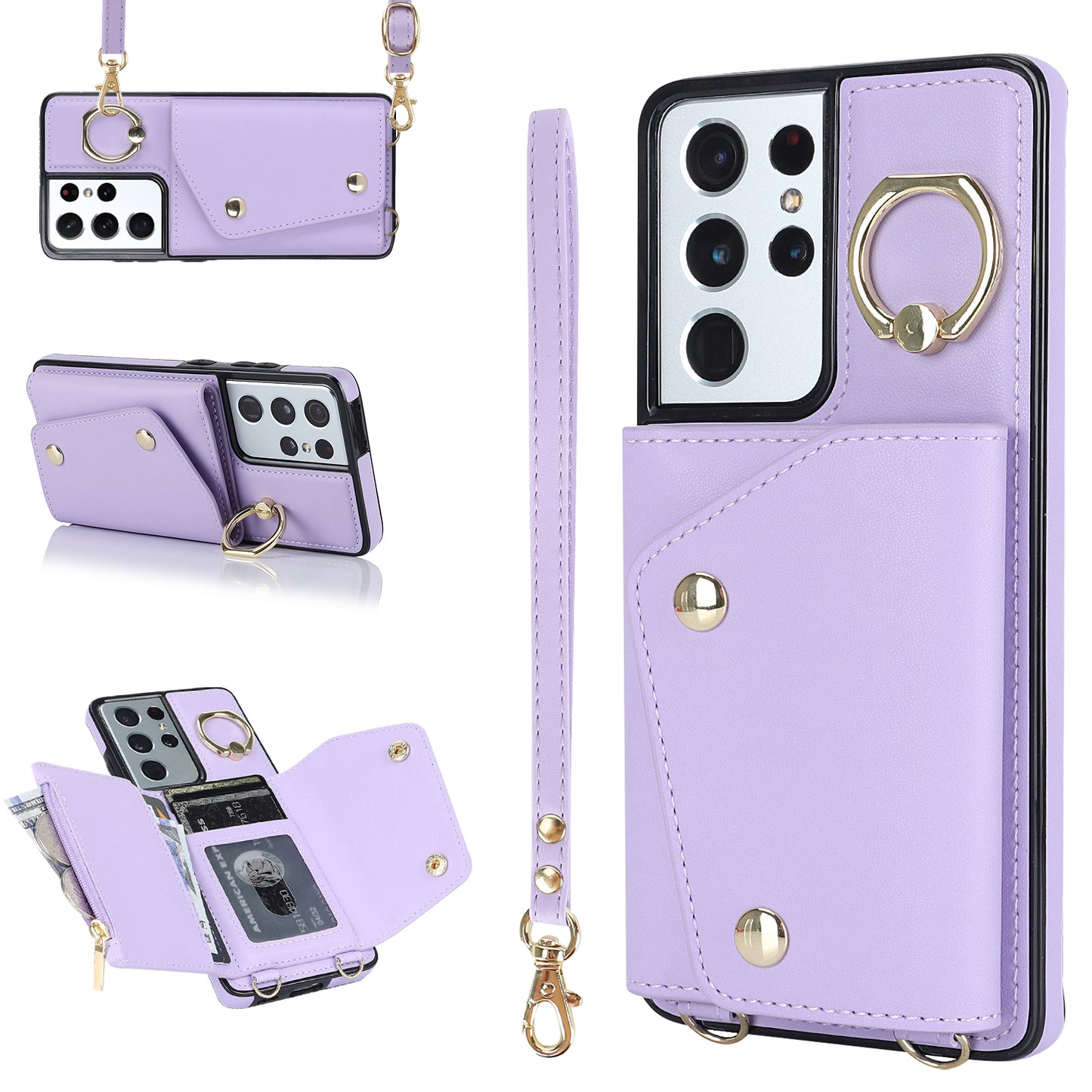 For Samsung Galaxy S21 Ultra 5G Crossbody Phone Case with Zipper Wallet Kickstand, PU Leather Coated TPU Cover
