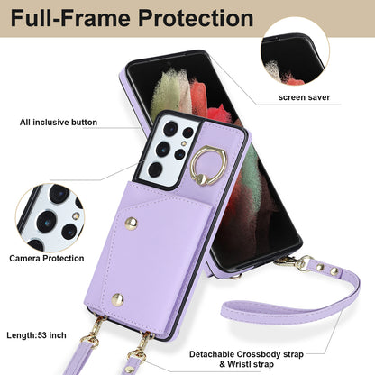 For Samsung Galaxy S21 Ultra 5G Crossbody Phone Case with Zipper Wallet Kickstand, PU Leather Coated TPU Cover