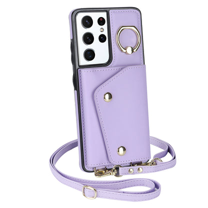 For Samsung Galaxy S21 Ultra 5G Crossbody Phone Case with Zipper Wallet Kickstand, PU Leather Coated TPU Cover