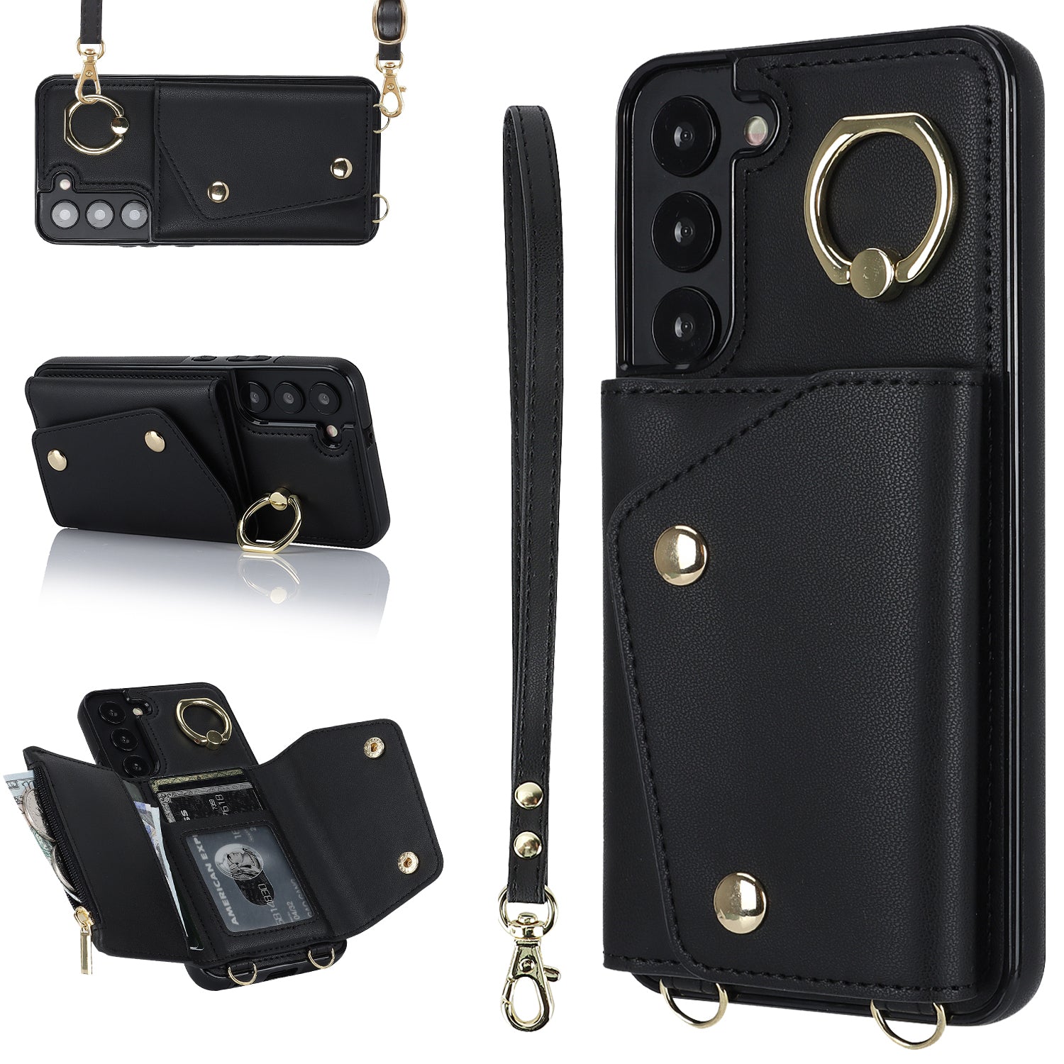 For Samsung Galaxy S22 5G Zipper Wallet Phone Cover Rotary Ring Kickstand PU Leather Coated TPU Case