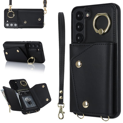 For Samsung Galaxy S22 5G Zipper Wallet Phone Cover Rotary Ring Kickstand PU Leather Coated TPU Case