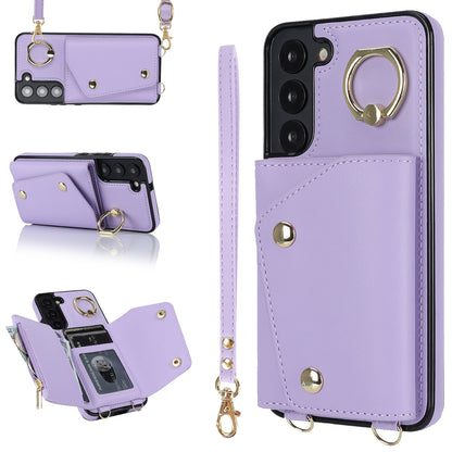 For Samsung Galaxy S22 5G Zipper Wallet Phone Cover Rotary Ring Kickstand PU Leather Coated TPU Case