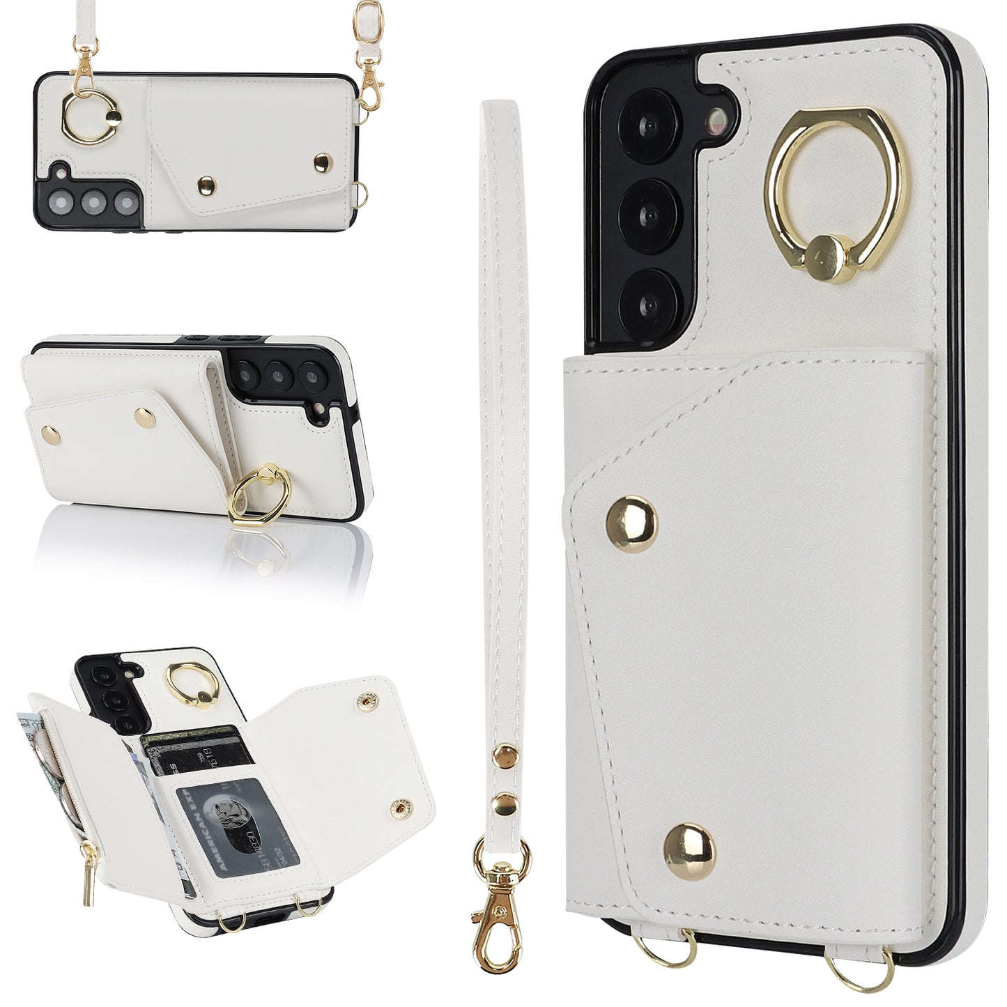 For Samsung Galaxy S22 5G Zipper Wallet Phone Cover Rotary Ring Kickstand PU Leather Coated TPU Case